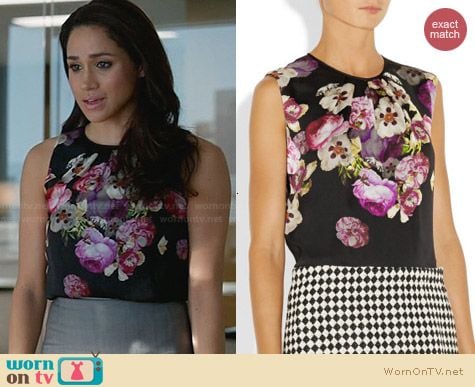 Giambattista Valli Floral Print Silk Charmeuse Top worn by Meghan Markle on Suits