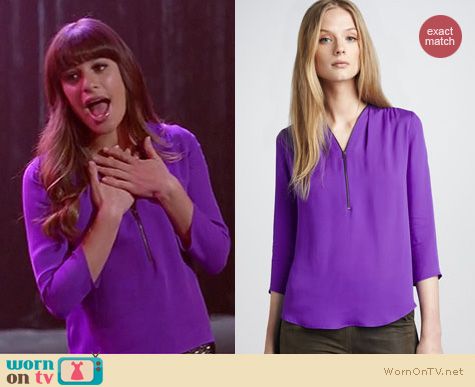 Glee Fashion: Theory zip blouse in purple worn by Lea Michele