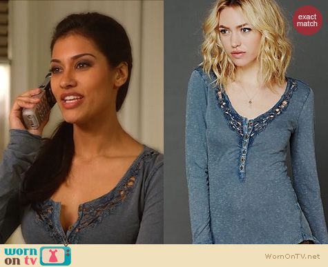 Goodwin Games Fashion: Free People Lou Legacy Crochet Henley worn by Janina Gavankar