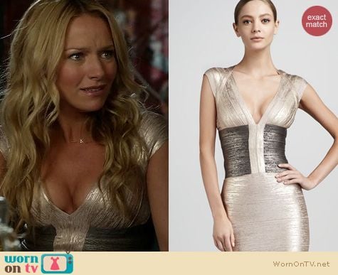 The Goodwin Games Fashion: Herve Leger Colorblock metallic bandage dress worn by Becki Newton