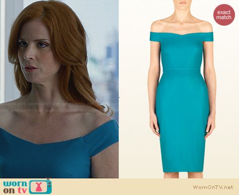 Gucci Stretch Flannel Off The Shoulder Shift Dress worn by Sarah Rafferty on Suits