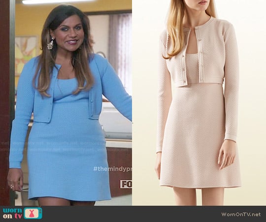 Gucci Stretch Viscose Cropped Cardigan and Dress worn by Mindy Lahiri (Mindy Kaling) on The Mindy Project