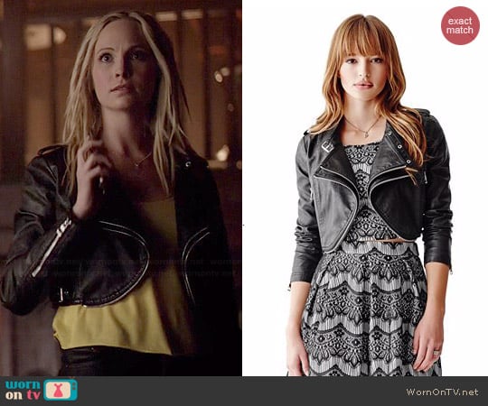 Guess Long Sleeve Faux Leather Cropped Moto Jacket worn by Caroline Forbes (Candice Accola) on The Vampire Diaries