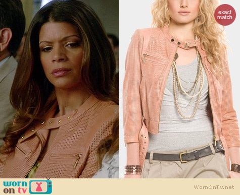 Guess Evon Perforated Leather Jacket worn by Andrea Navedo on Jane the Virgin