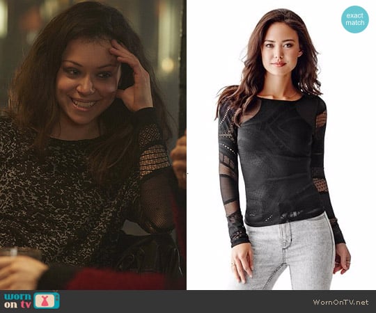 Guess Long Sleeve Patterned Mesh Top worn by Sarah Manning (Tatiana Maslany) on Orphan Black