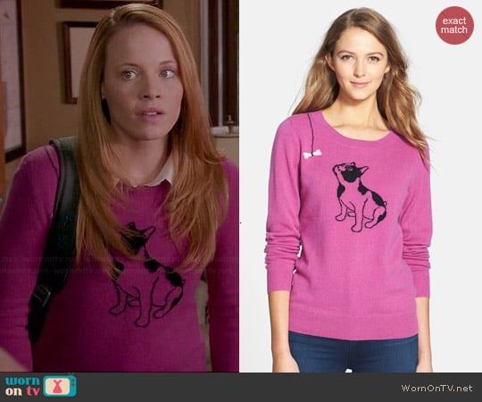 Halogen Cashmere Crewneck Sweater in Purple Dog Print worn by Katie Leclerc on Switched at Birth