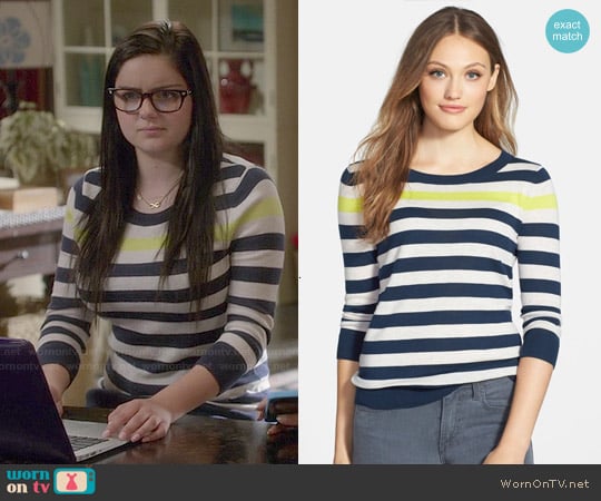 Halogen Three Quarter Sleeve Sweater in Oatmeal Lime Stripe worn by Alex Dunphy (Ariel Winter) on Modern Family