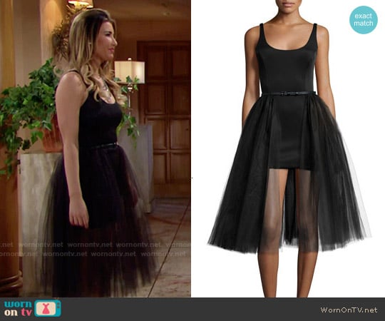 Halston Heritage Sleeveless Belted Cocktail Dress w/ Tulle Overlay worn by Steffy Forrester (Jacqueline MacInnes Wood) on The Bold and the Beautiful