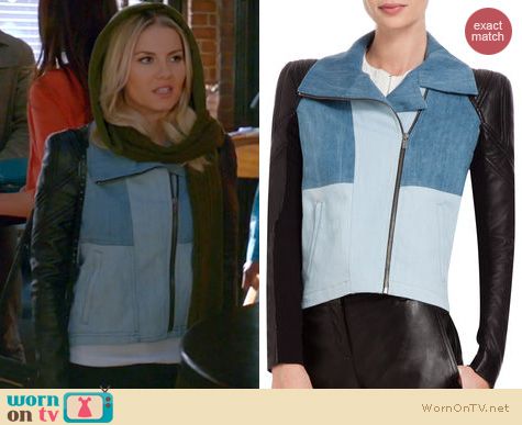 Happy Endings Fashion: BCBGMAXAZRIA denim and leather jacket worn by Elisha Cuthbert