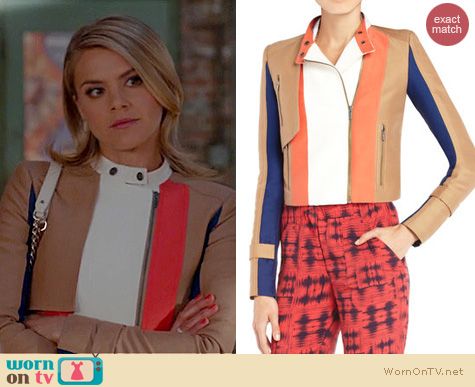 Happy Endings Fashion BCBGMAXAZRIA Dixon colorblocked moto jacket worn by Eliza Coupe