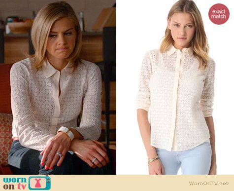 Happy Endings Fashion: Club Monaco Phoebe shirt in white worn by Eliza Coupe