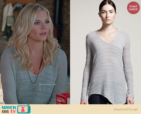 Happy Endings Fashion: Helmut Lang destroyed boucle sweater worn by Elisha Cuthbert