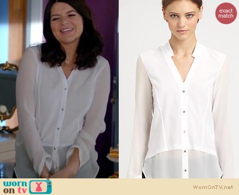 Happy Endings Fashion: Helmut Lang Element sheer white blouse worn by Casey Wilson