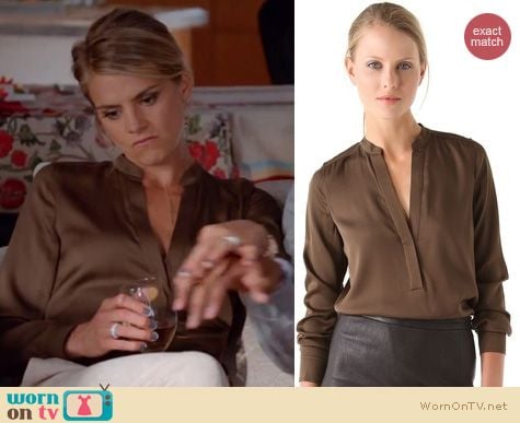 Happy Endings Fashion: Brown blouse by Vince worn by Eliza Coupe