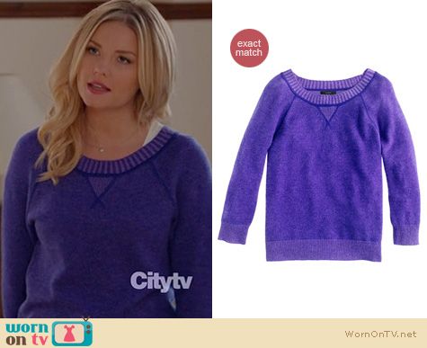 Happy Endings Fashion: J. Crew Collection Cashmere two tone sweatshirt worn by Elisha Cuthbert