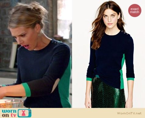 Happy Endings Fashion: J. Crew Dream Color Block elbow patch sweater worn by Eliza Coupe