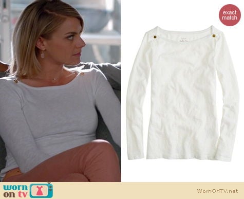 Happy Endings Fashion: J. Crew Painter boatneck top in white worn by Eliza Coupe