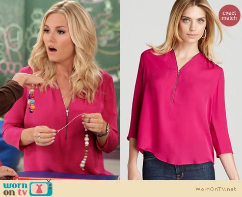 Happy Endings Fashion: Theory Sala silk zip front blouse worn by Elisha Cuthbert