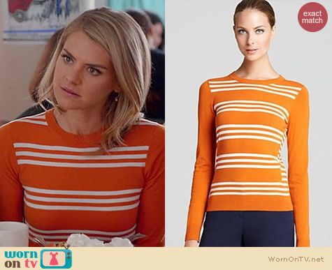 Happy Endings Fashion: Theory Tommie striped sweater in orange worn by Eliza Coupe