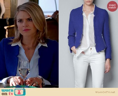 Happy Endings Fashion: Zara Blazer with zips in electric blue worn by Eliza Coupe