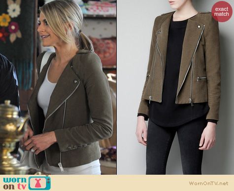 Happy Endings Fashion: Zara khaki moto jacket worn by Eliza Coupe