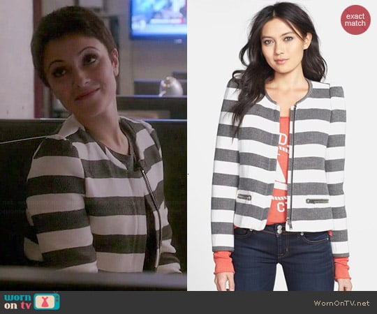 Harlowe & Graham Striped Collarless Jacket worn by Italia Ricci on Chasing Life