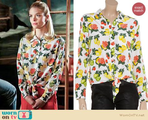 Hart of Dixie Fashion: Equipment Daddy fruit and rose print tie front silk shirt worn by Jaime King