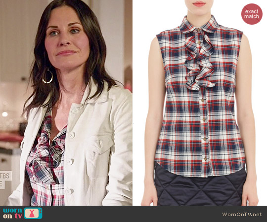 Harvey Faircloth Ruffled Plaid Flannel Sleeveless Shirt worn by Jules Cobb (Courtney Cox) on Cougar Town