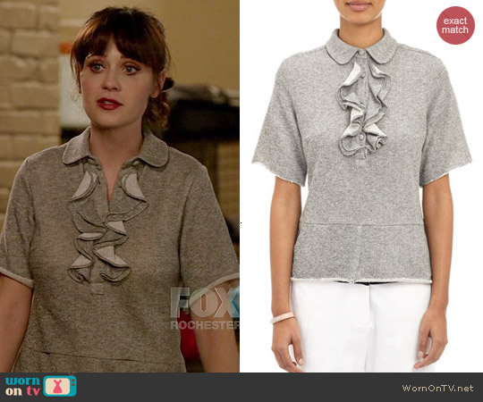 Harvey Faircloth Ruffle Front Sweatshirt Top worn by Zooey Deschanel on New Girl