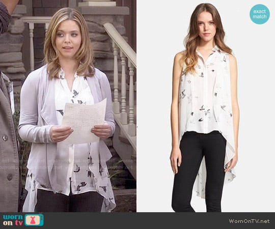 Haute Hippie Brid Print High/Low Silk Blouse worn by Alison DiLaurentis (Sasha Pieterse) on Pretty Little Liars