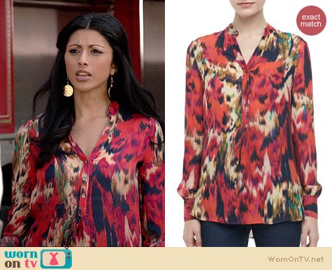 Haute Hippie Ikat Printed Henley Blouse worn by Reshma Shetty on Royal Pains