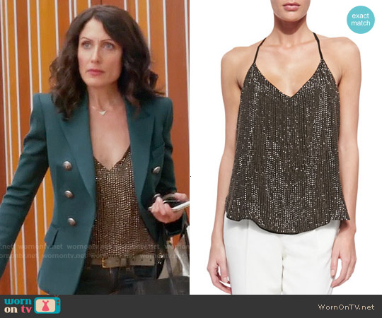 Haute Hippie Sequined T-Back Mesh Top worn by Abby McCarthy (Lisa Edelstein) on Girlfriends Guide to Divorce