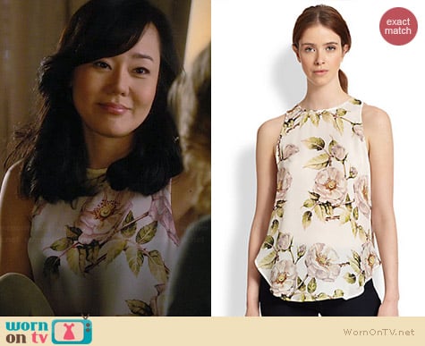 Haute Hippie Silk Draped Cutout Back Floral Top worn by Yunjin Kim on Mistresses