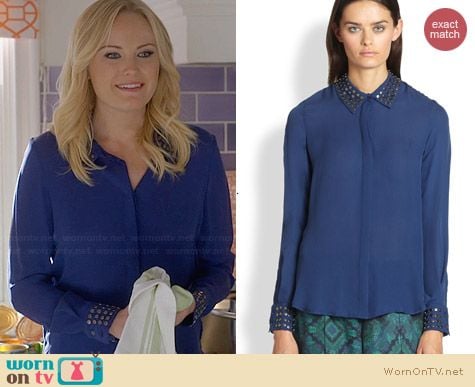 Haute Hippie Silk Open Back Studded Shirt in Sapphire worn by Malin Akerman on Trophy Wife