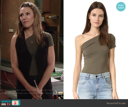 Helmut Lang Asymmetrical Tee in Marsh worn by Chloe Mitchell (Elizabeth Hendrickson) on The Young and the Restless