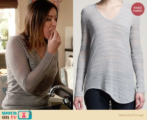 Helmut Lang Destroyed Boucle Sweater in Grey worn by Christa Miller on Cougar Town