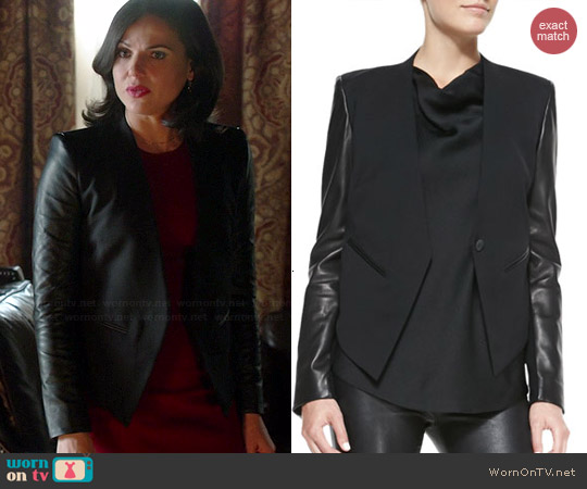 Helmut Lang Leather Sleeve Tuxedo Jacket worn by Lana Parilla on OUAT