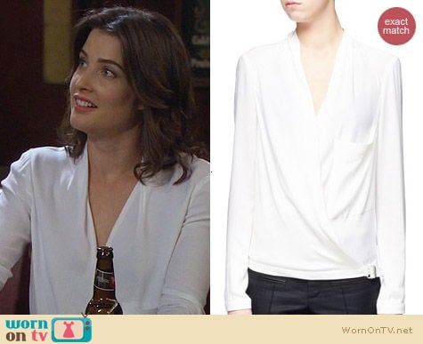 Helmut Lang Leather Trim Wrap Blouse worn by Cobie Smulders on HIMYM