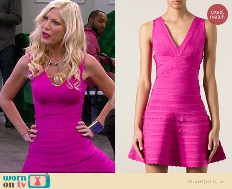 Herve Leger Pink Flared Bandage Dress worn by Tori Spelling on Mystery Girls