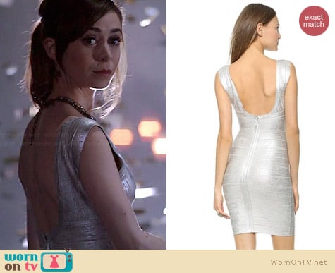 Herve Leger Foil V-neck Dress worn by Cristin Milioti on A to Z