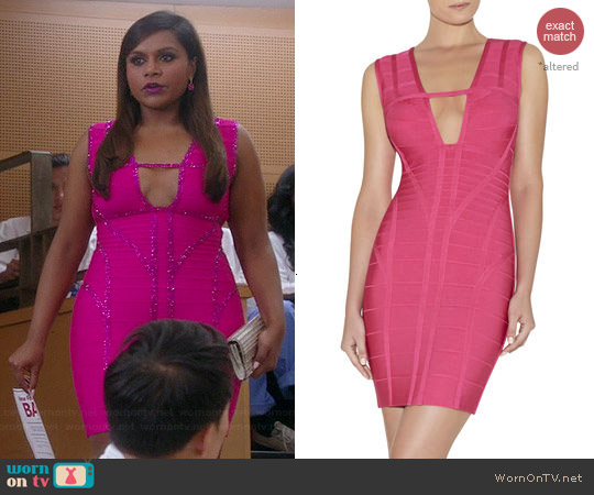 Herve Leger Kane Novelty Dress in Fuchsia worn by Mindy Kaling on The Mindy Project