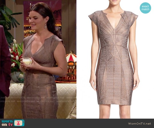 Herve Leger Woodgrain Metallic Foil Bandage Dress worn by Katie Logan (Heather Tom) on The Bold and the Beautiful