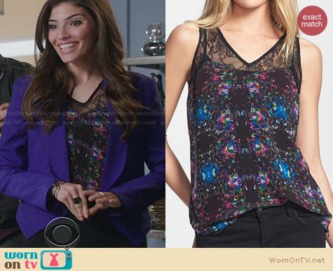 Hinge Lace Yoke Sheer Tank worn by Amanda Setton on The Crazy Ones