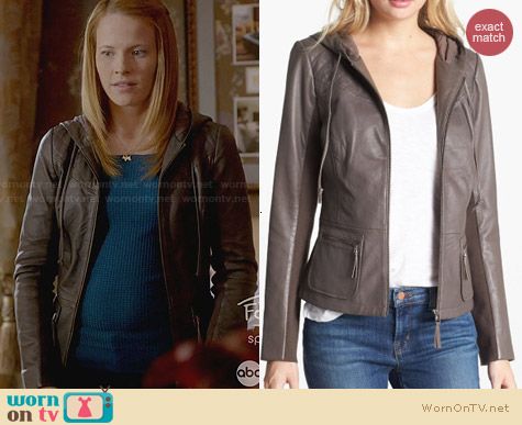 Hinge Hooded Leather Jacket worn by Katie Leclerc on Switched at Birth