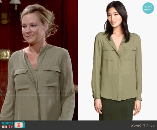 H&M Airy Blouse in Khaki Green worn by Sharon Newman (Sharon Case) on The Young and the Restless