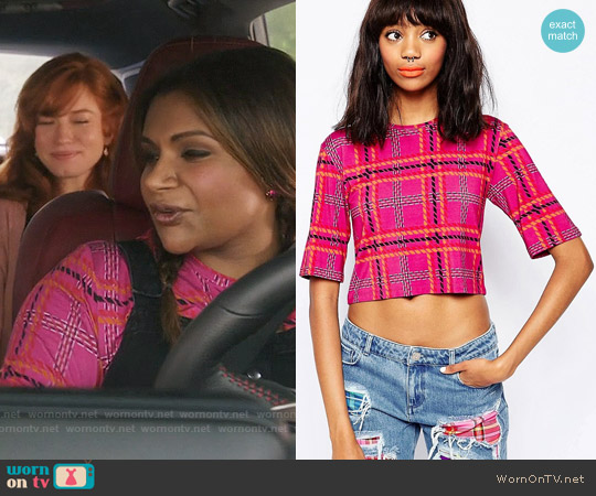 House of Holland Tartan Crop T-shirt worn by Mindy Lahiri (Mindy Kaling) on The Mindy Project