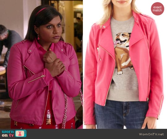 I Heart Ronson Faux Leather Moto Jacket in Pink worn by Mindy Kaling on The Mindy Project