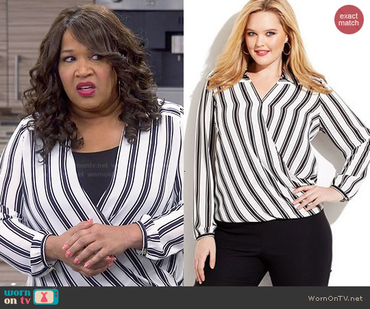 INC International Concepts Striped Faux-Wrap Blouse worn by Yolanda (Kym Whitley) on Young and Hungry