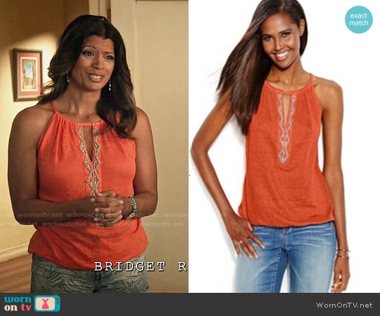 INC International Concepts Beaded Keyhole Linen Halter Top worn by Xiomara Villanueva (Andrea Navedo) on Jane the Virgin