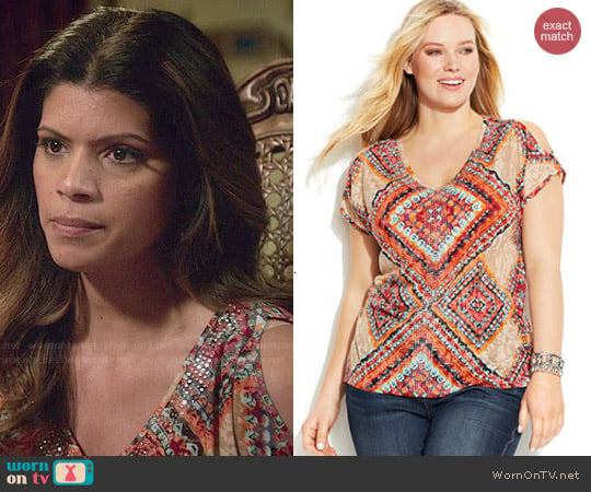 INC International Concepts Printed Cold Shoulder Top worn by Xiomara Villanueva (Andrea Navedo) on Jane the Virgin